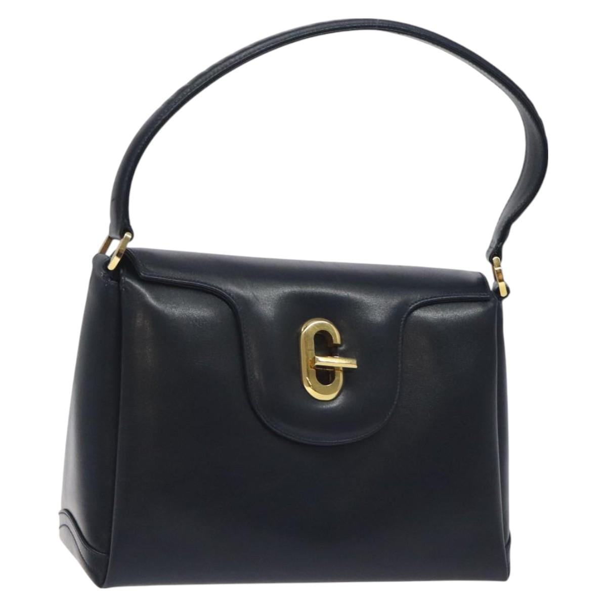 GUCCI Hand Bag Leather Navy Gold Auth ep9224
