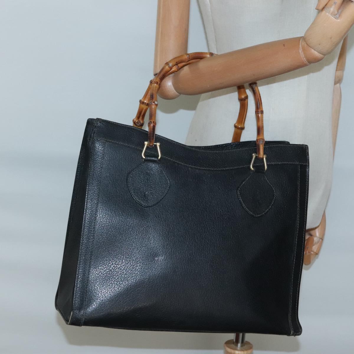 GUCCI Bamboo Hand Bag Leather Black Gold 002 1186 0260 Auth ep9257