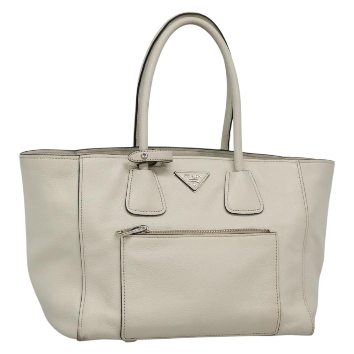 PRADA Tote Bag Leather White Silver Auth ep9305