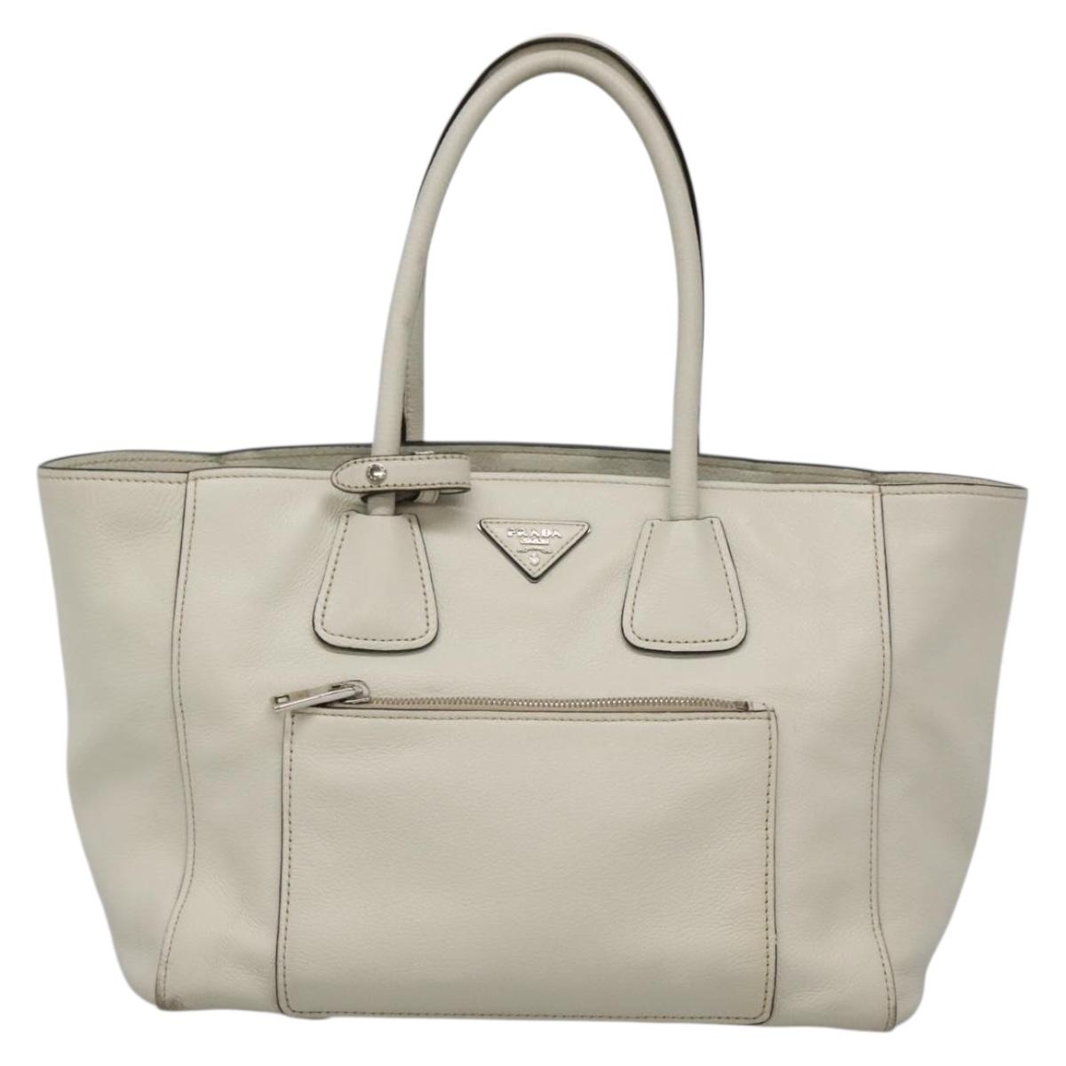 PRADA Tote Bag Leather White Silver Auth ep9305