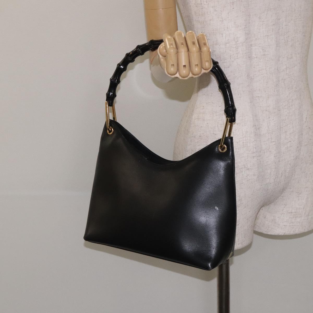 GUCCI Bamboo Hand Bag Leather Black Gold 001 3008 Auth ep9351