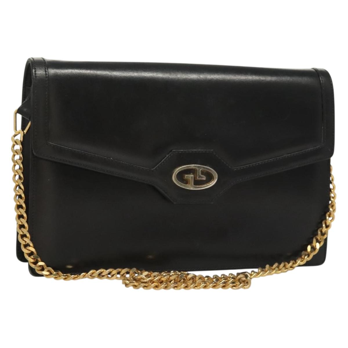 GUCCI Chain Shoulder Bag Leather Black Gold Auth ep9431