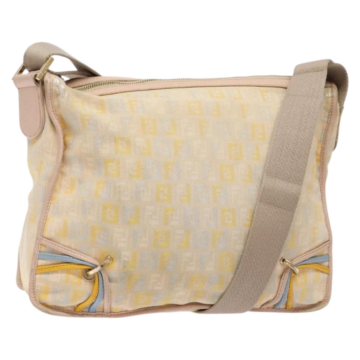 FENDI Zucchino Canvas Shoulder Bag Beige Gold Auth ep9438