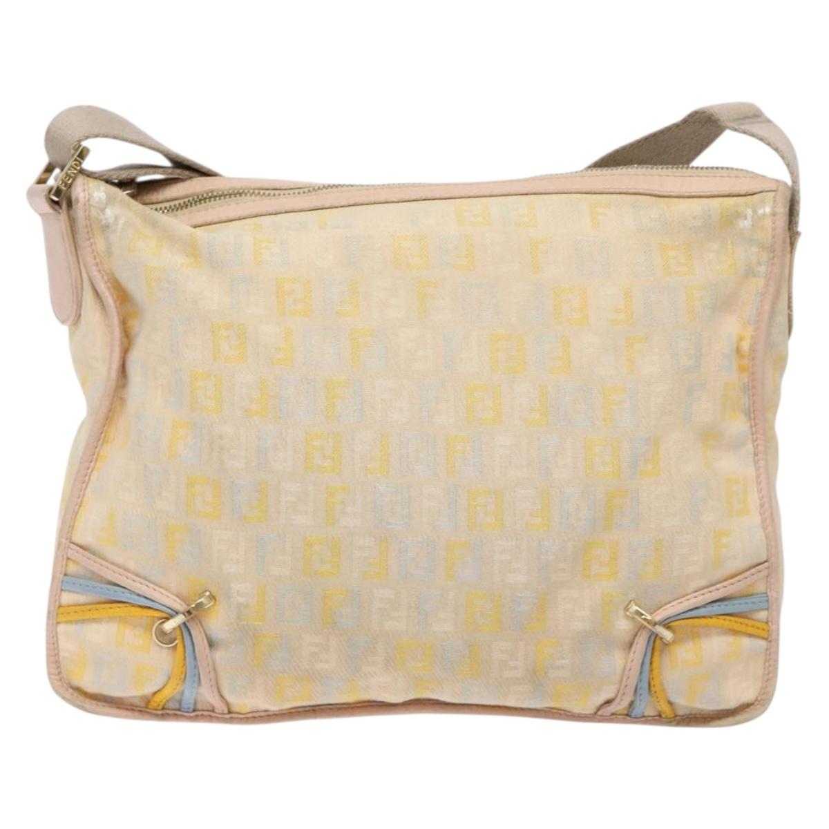 FENDI Zucchino Canvas Shoulder Bag Beige Gold Auth ep9438