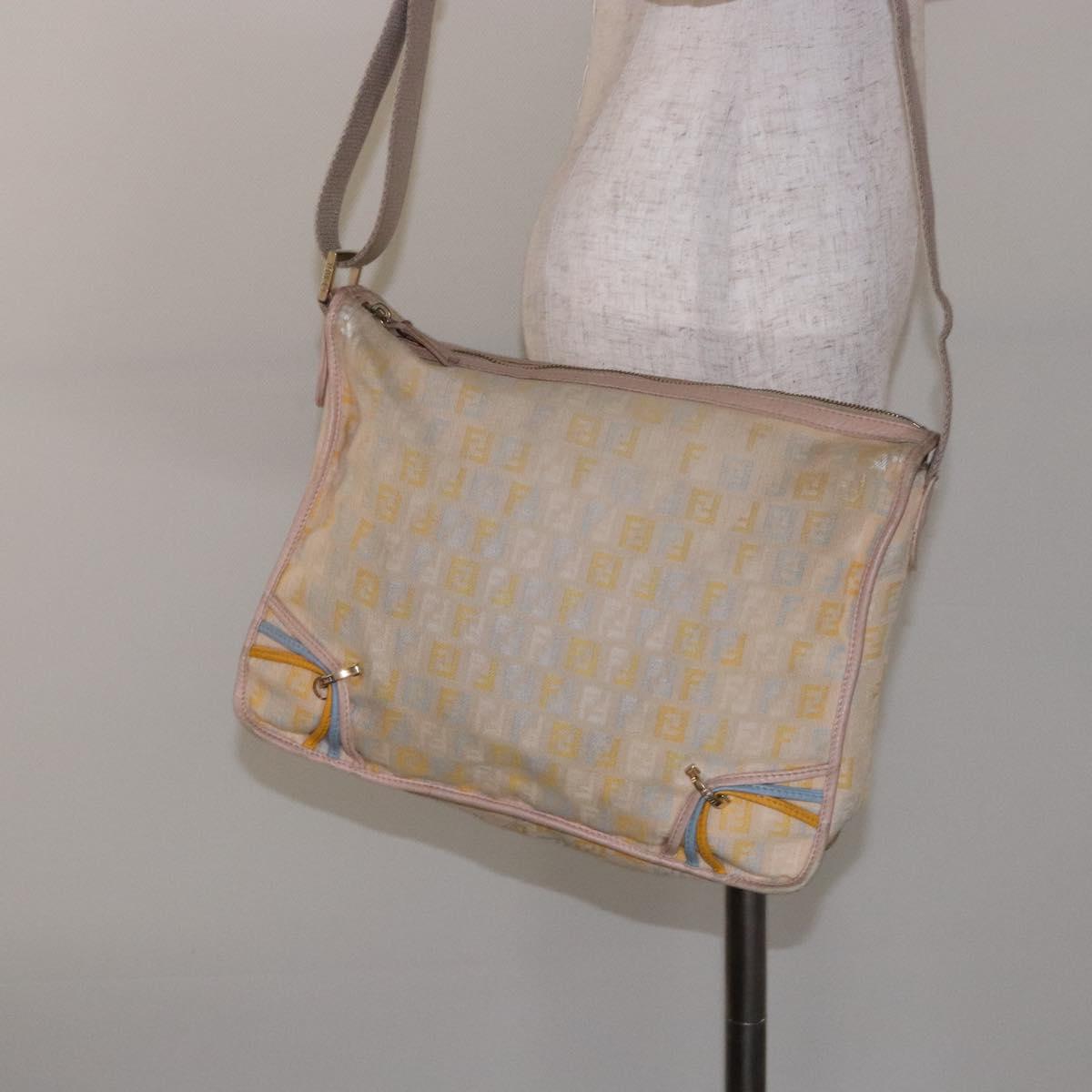 FENDI Zucchino Canvas Shoulder Bag Beige Gold Auth ep9438