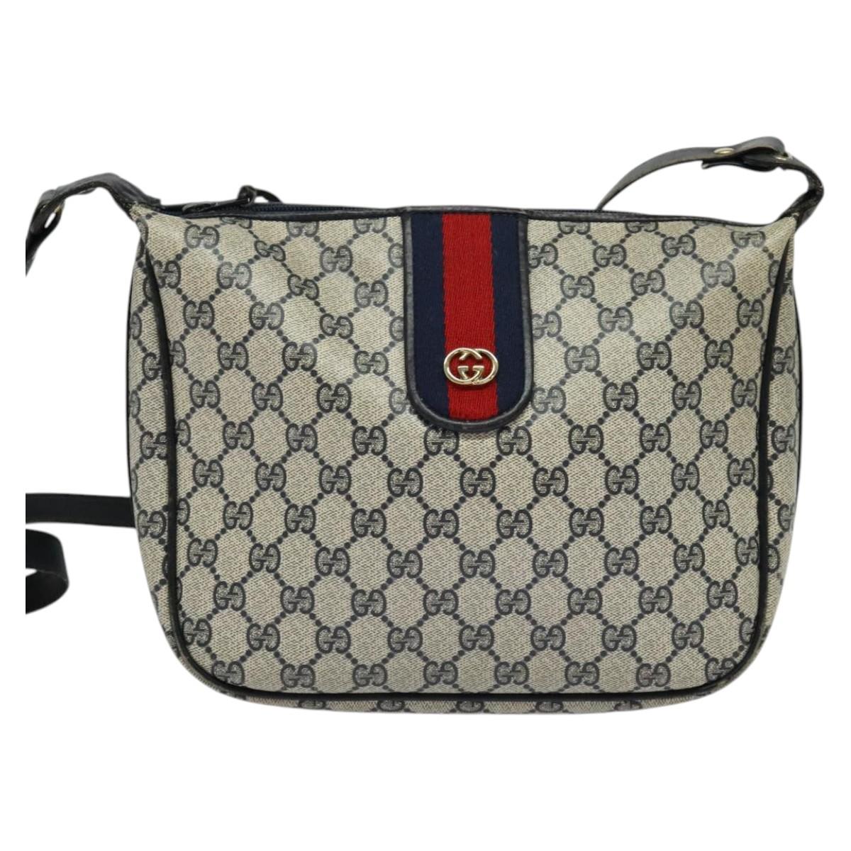 GUCCI GG Supreme Sherry Line Shoulder Bag PVC Navy Gold Red Auth ep9445