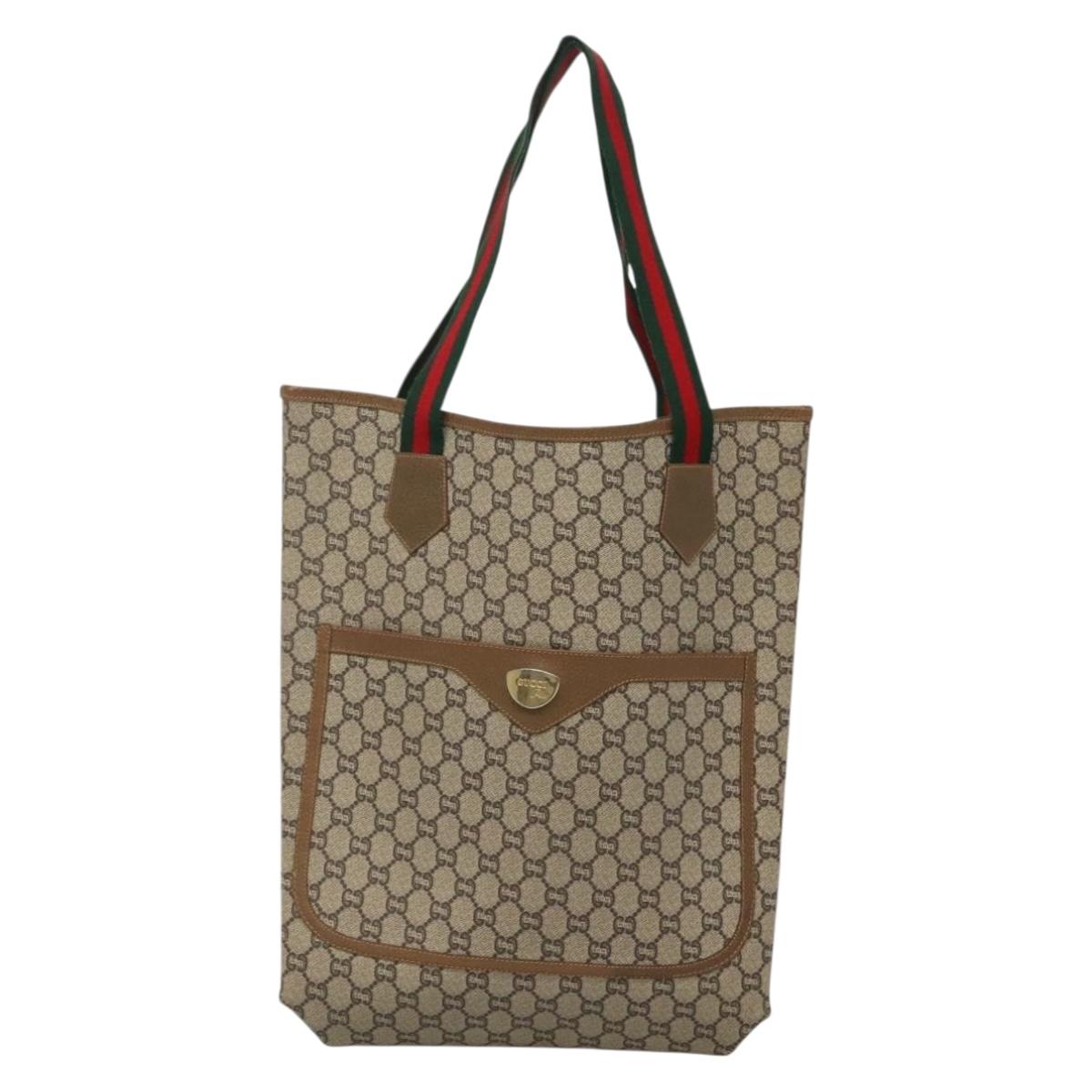 GUCCI GG Plus Supreme Web Sherry Line Tote Bag PVC Beige Red Green Auth ep9518