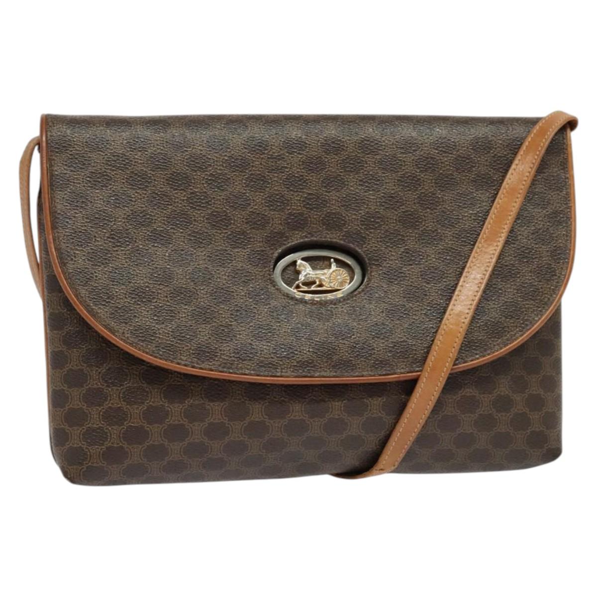 CELINE Macadam Canvas Shoulder Bag PVC Leather Brown Gold Auth ep9642