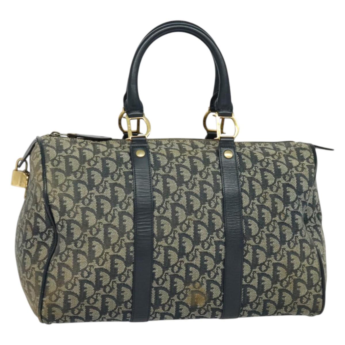 Christian Dior Trotter Canvas Boston Bag Navy Gold Auth ep9664