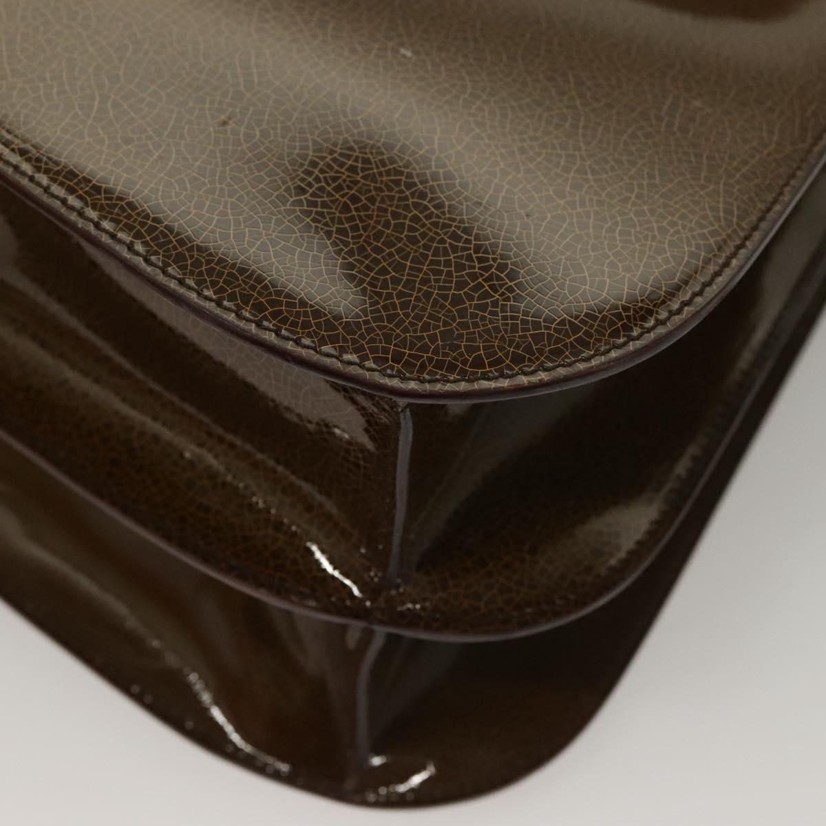 CELINE Shoulder Bag Patent leather Khaki Silver Auth ep9681