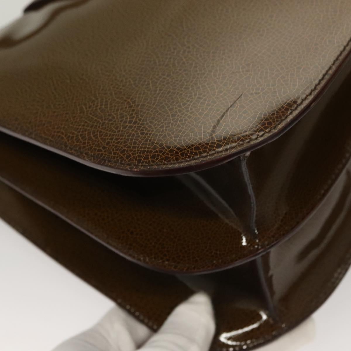 CELINE Shoulder Bag Patent leather Khaki Silver Auth ep9681