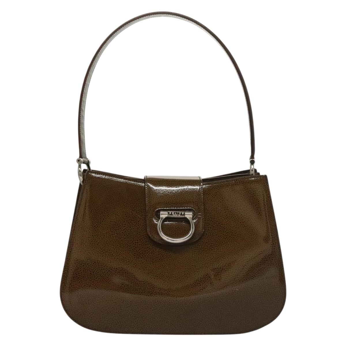 CELINE Shoulder Bag Patent leather Khaki Silver Auth ep9681