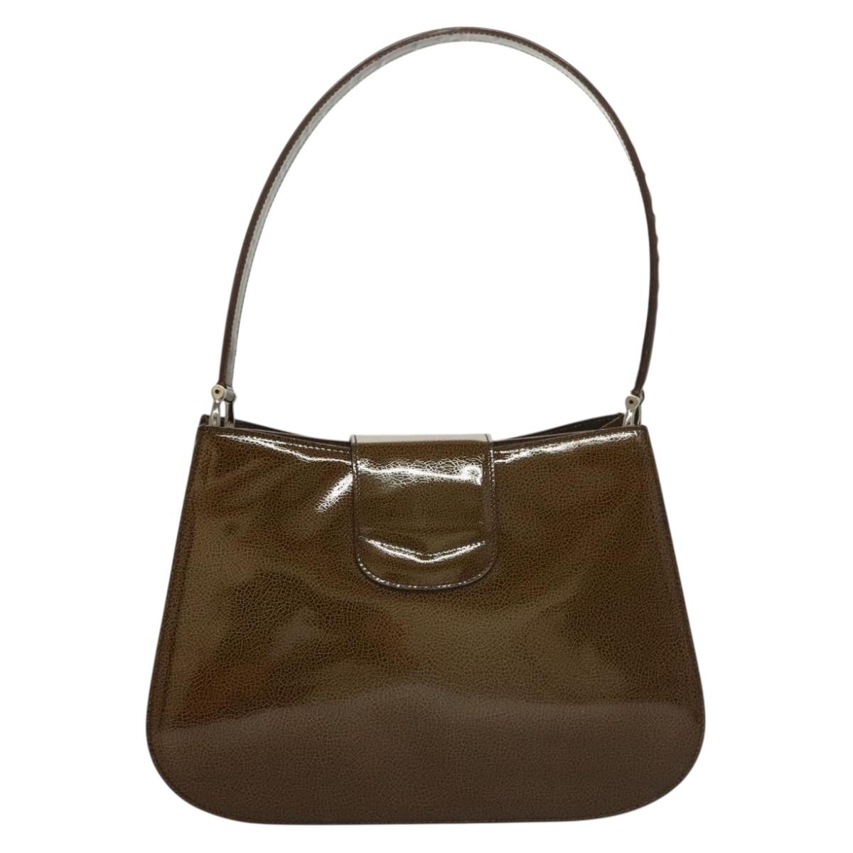 CELINE Shoulder Bag Patent leather Khaki Silver Auth ep9681