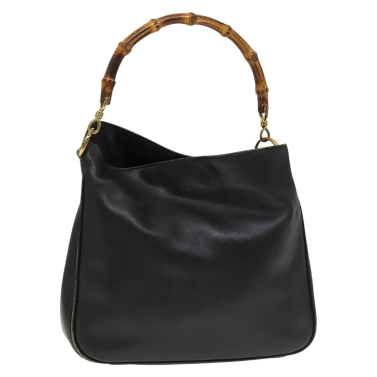 GUCCI Bamboo Hand Bag Leather Black Gold 001 2113 1638 Auth ep9730