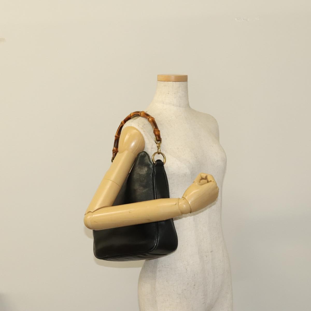 GUCCI Bamboo Hand Bag Leather Black Gold 001 2113 1638 Auth ep9730