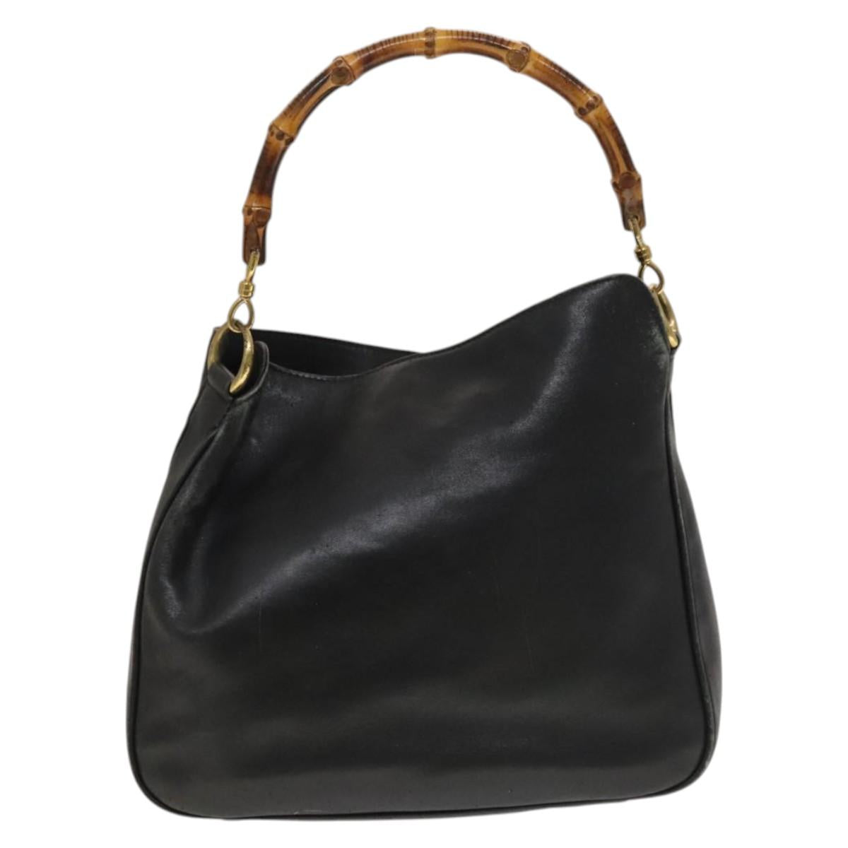 GUCCI Bamboo Hand Bag Leather Black Gold 001 2113 1638 Auth ep9730