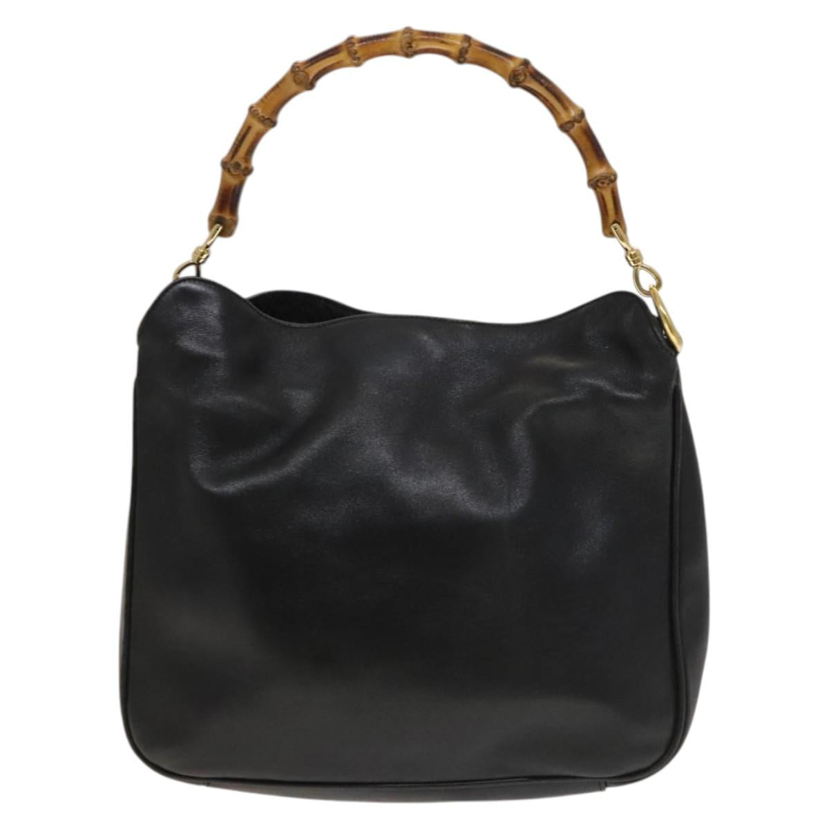GUCCI Bamboo Hand Bag Leather Black Gold 001 2113 1638 Auth ep9740