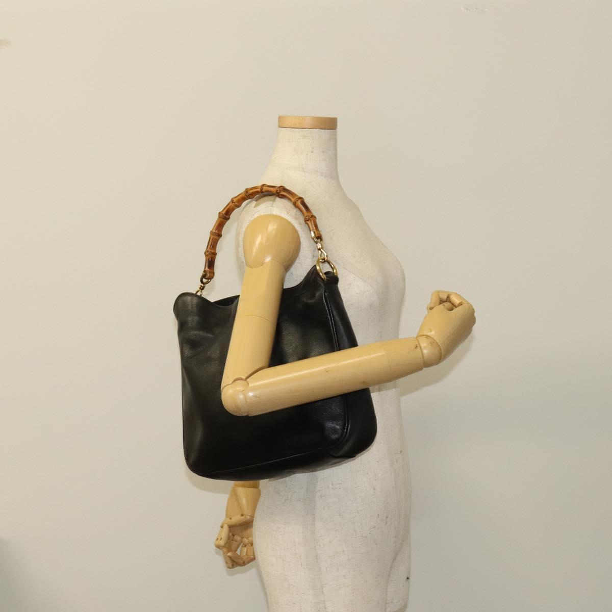 GUCCI Bamboo Hand Bag Leather Black Gold 001 2113 1638 Auth ep9740