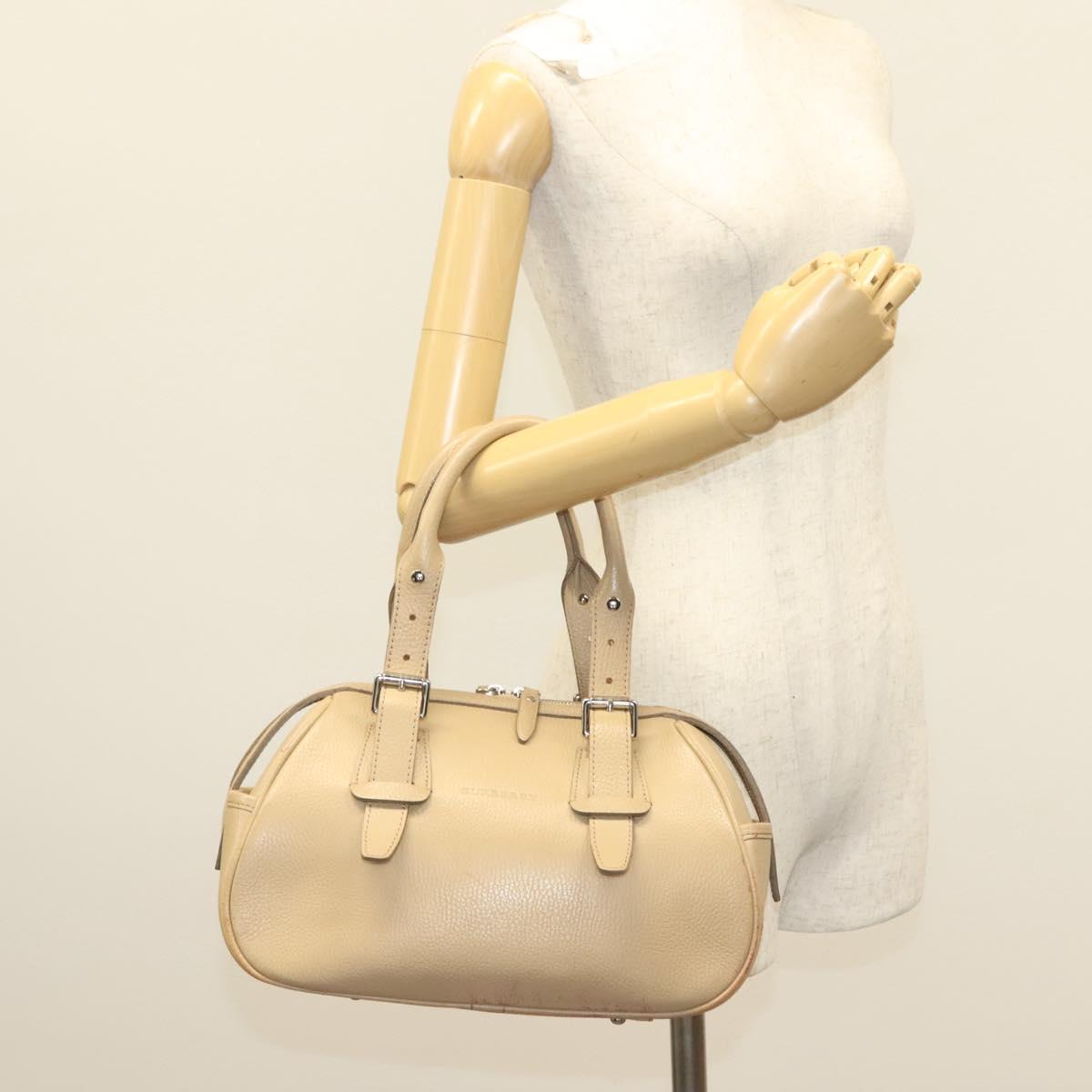 BURBERRY Hand Bag Leather Beige Silver Auth ep9861