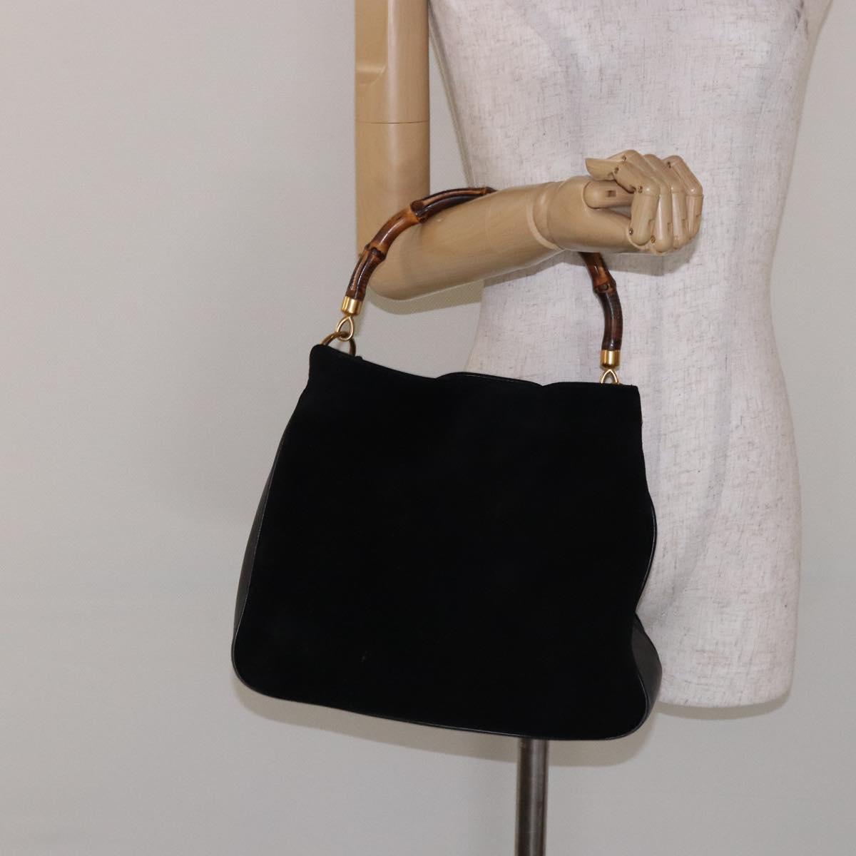 GUCCI Bamboo Hand Bag Suede Black Gold 001 1014 1638 Auth ep9866