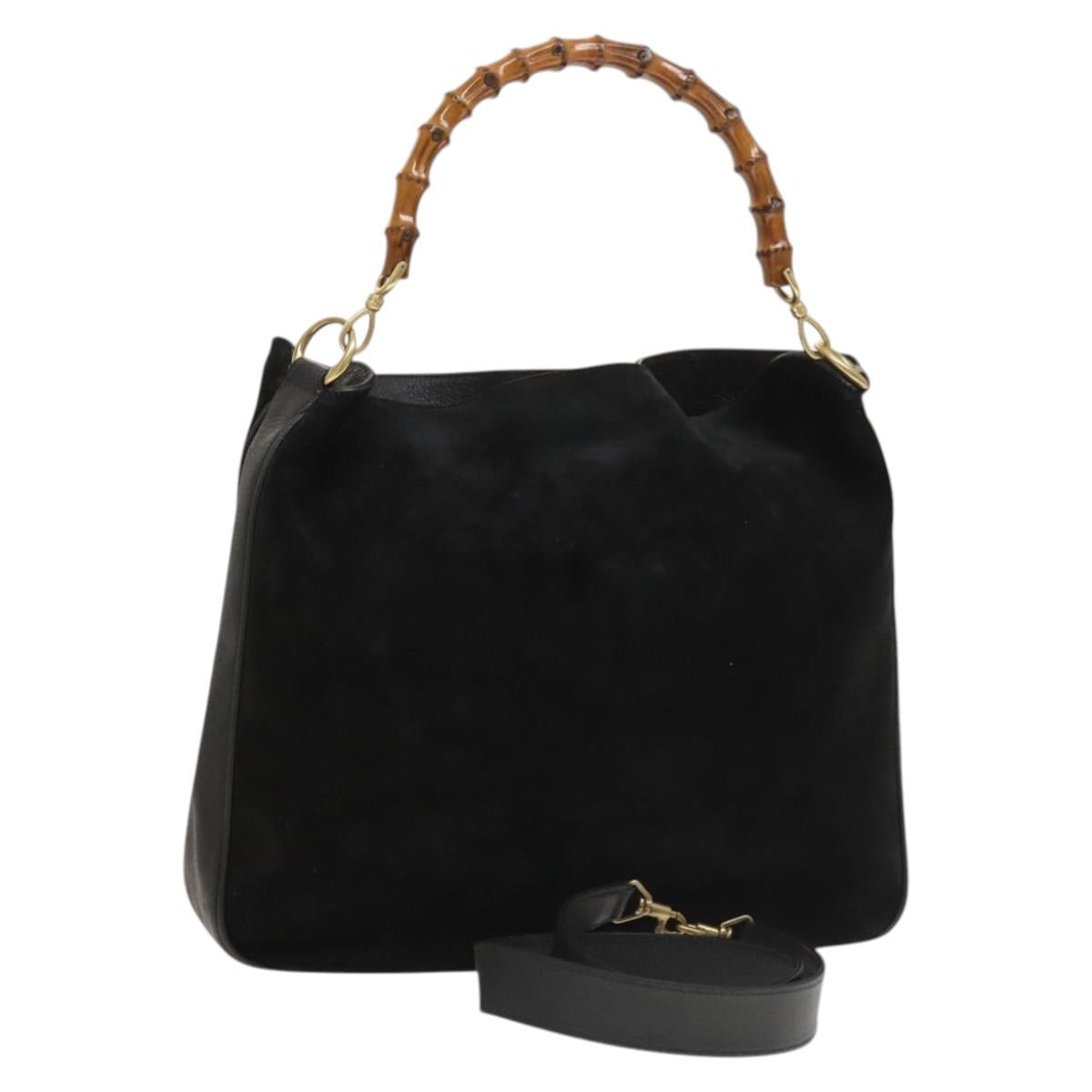 GUCCI Bamboo Hand Bag Suede 2way Black Gold 001 1998 1577 Auth ep9868