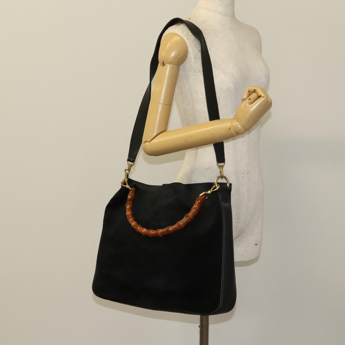 GUCCI Bamboo Hand Bag Suede 2way Black Gold 001 1998 1577 Auth ep9868