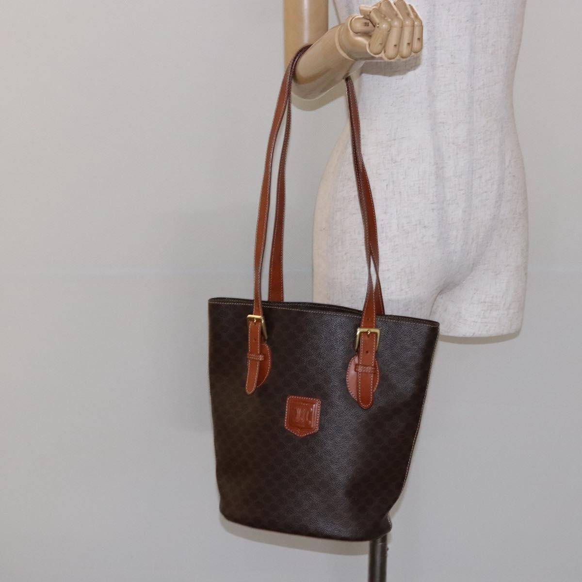 CELINE Macadam Canvas Hand Bag PVC Leather Brown Gold Auth ep9884
