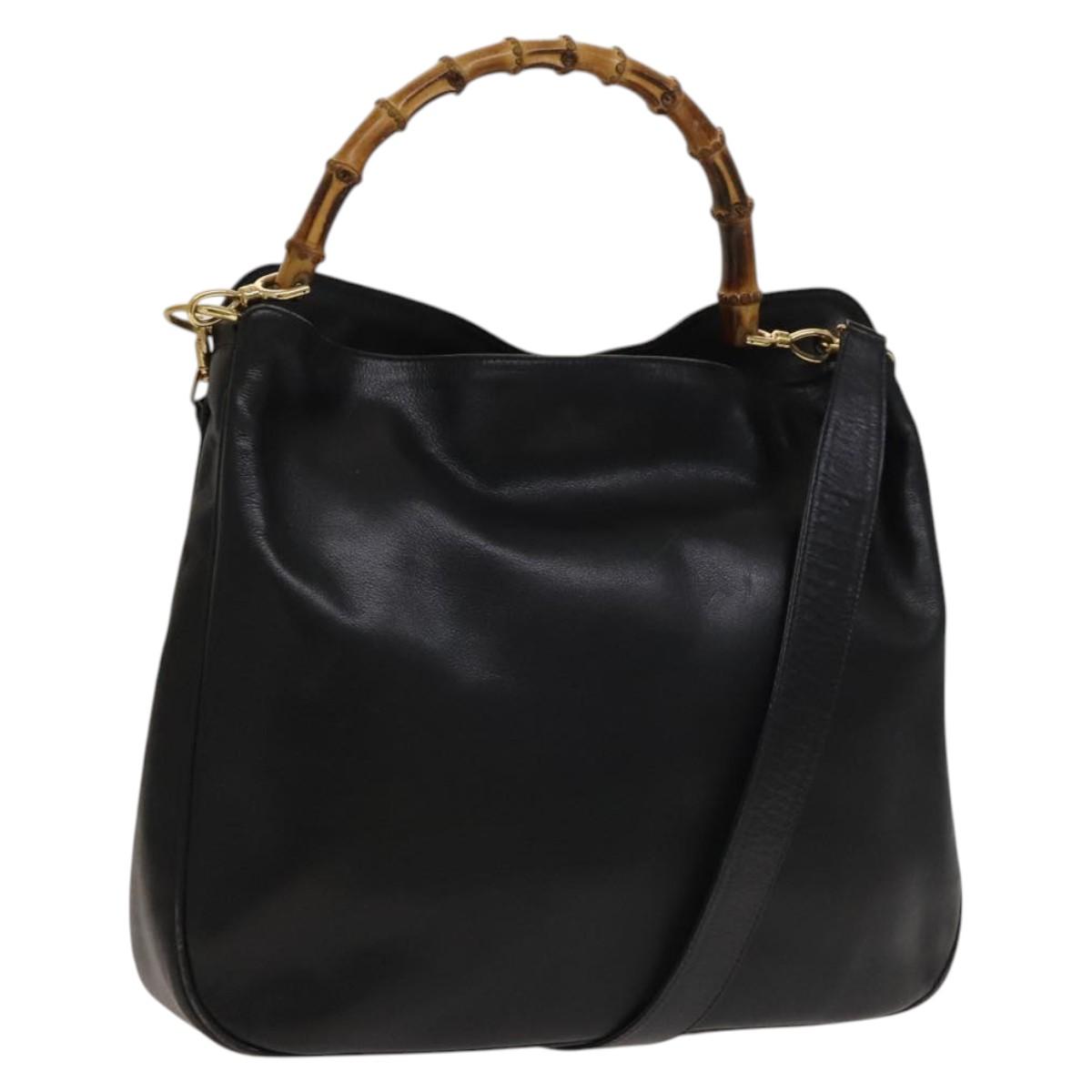 GUCCI Bamboo Hand Bag Leather 2way Black Gold Auth ep9886
