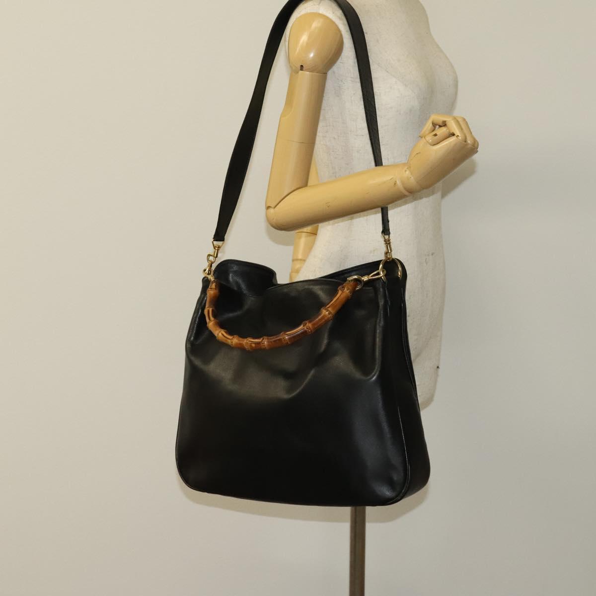 GUCCI Bamboo Hand Bag Leather 2way Black Gold Auth ep9886