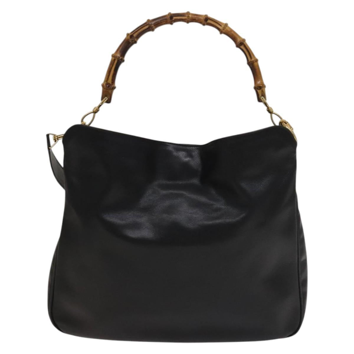 GUCCI Bamboo Hand Bag Leather 2way Black Gold Auth ep9886