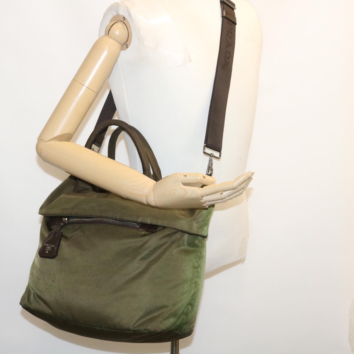 PRADA Hand Bag Nylon 2way Khaki Auth fm1303