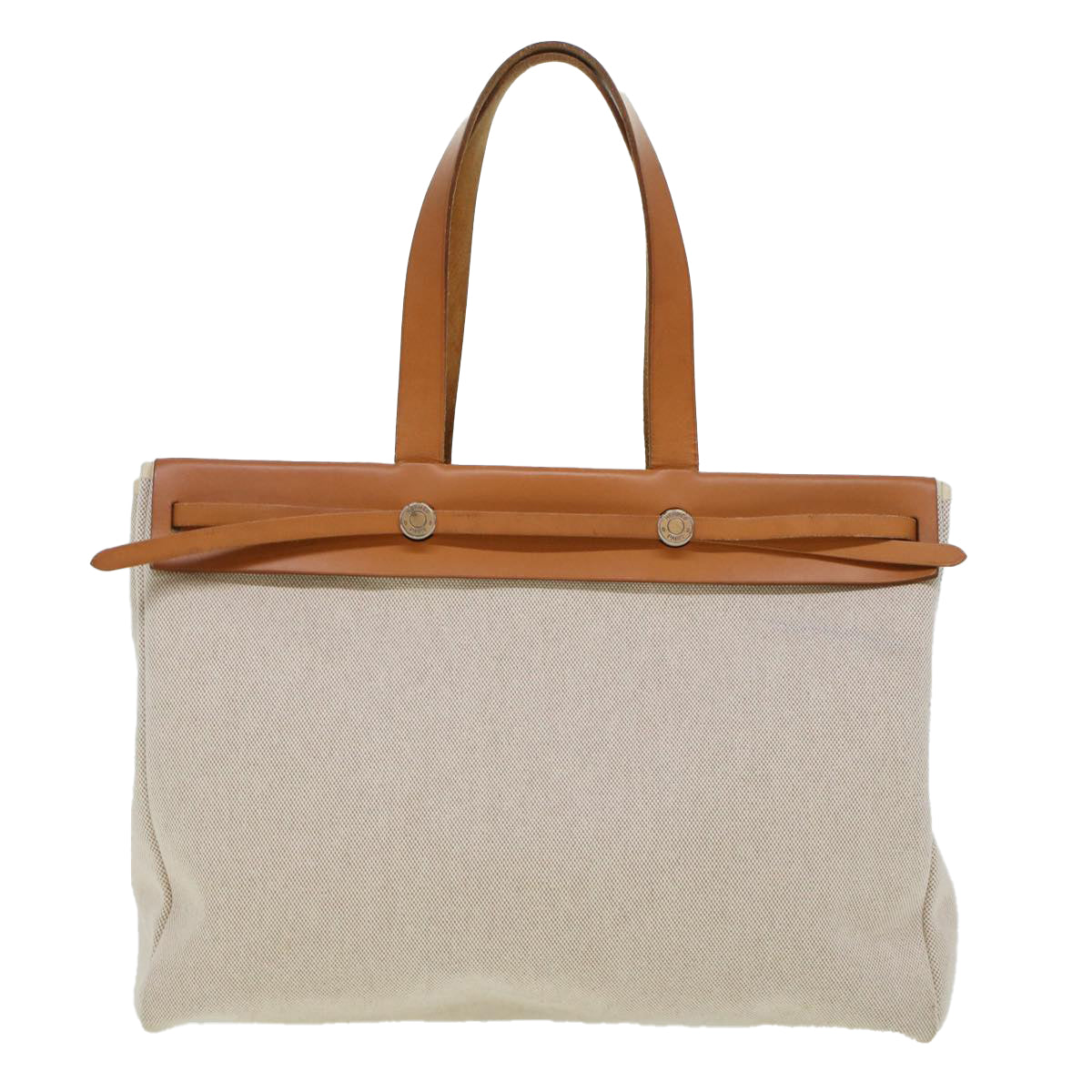 HERMES Her Bag Cabus GM Tote Bag Canvas Leather Beige Auth fm2384