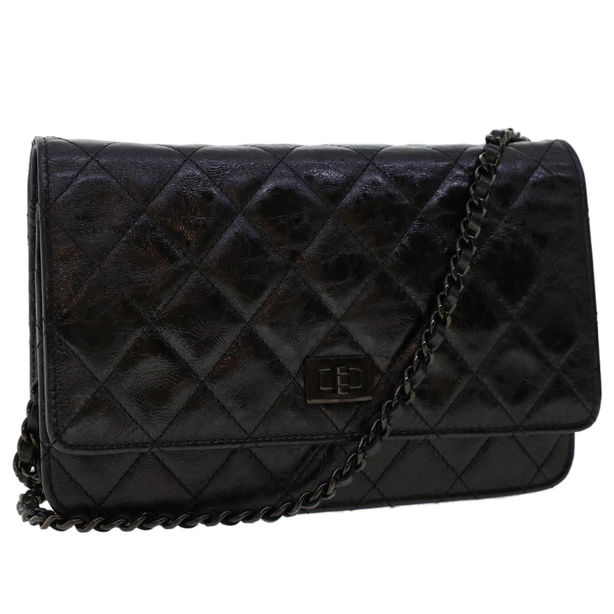 CHANEL Matelasse Chain Wallet Coated Canvas Black CC Auth fm2537