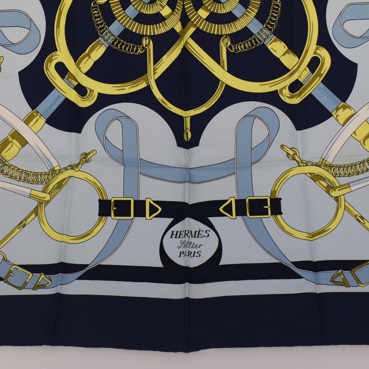 HERMES Carre 90 Eperon d'or Tellier Scarf Silk Blue Auth fm2641