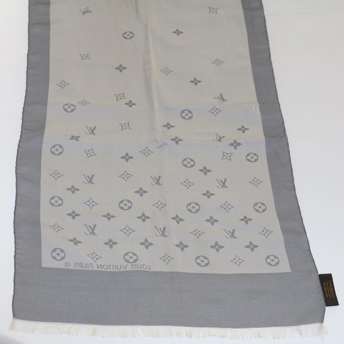 LOUIS VUITTON Monogram Scarf Silk Silver Gray LV Auth fm2650