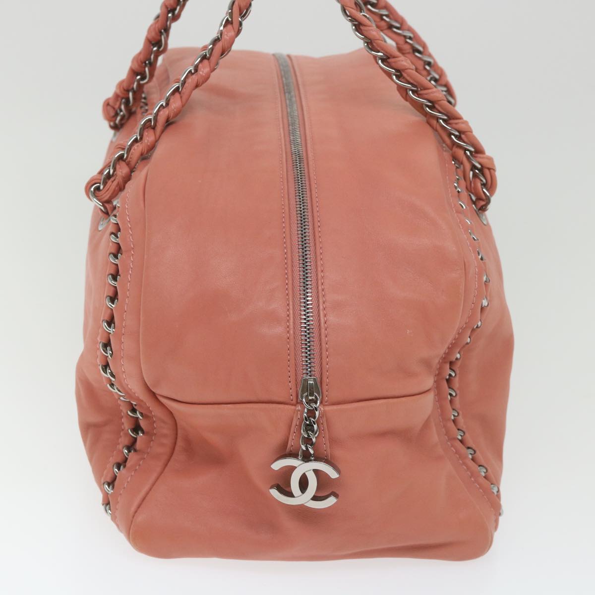 CHANEL Chain Boston Bag Leather Pink CC Auth fm2794