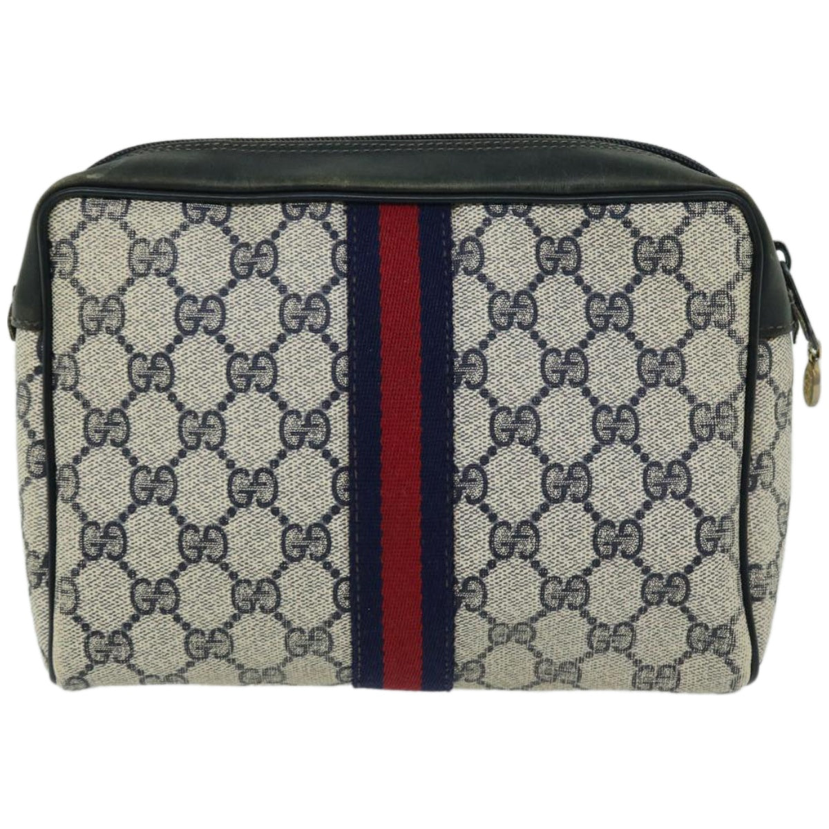 GUCCI GG Supreme Sherry Line Clutch Bag PVC Navy Red Auth fm3199