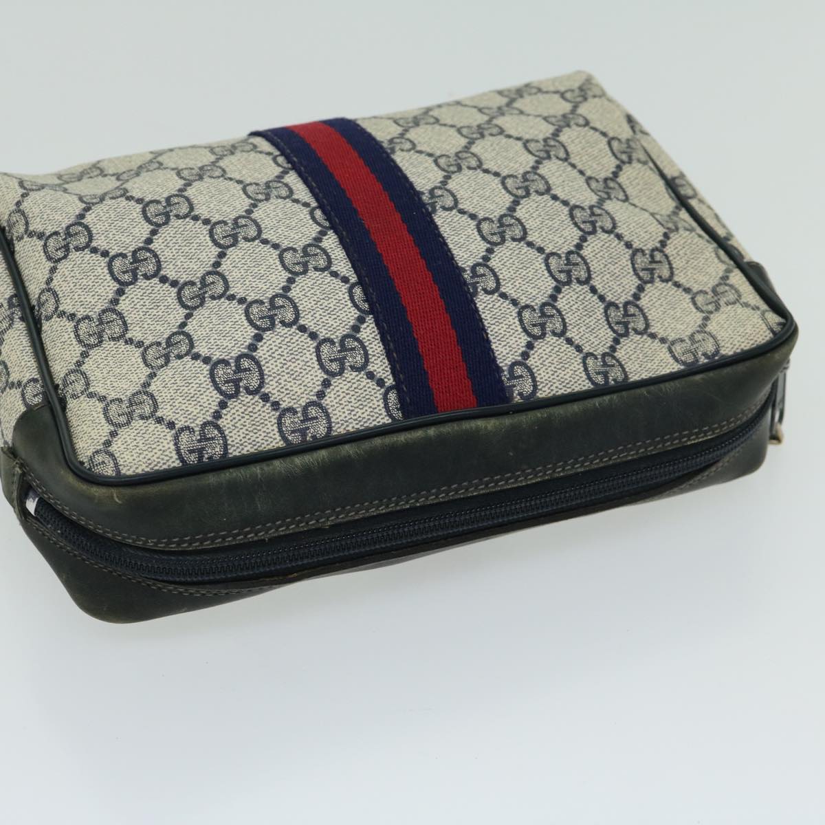 GUCCI GG Supreme Sherry Line Clutch Bag PVC Navy Red Auth fm3199