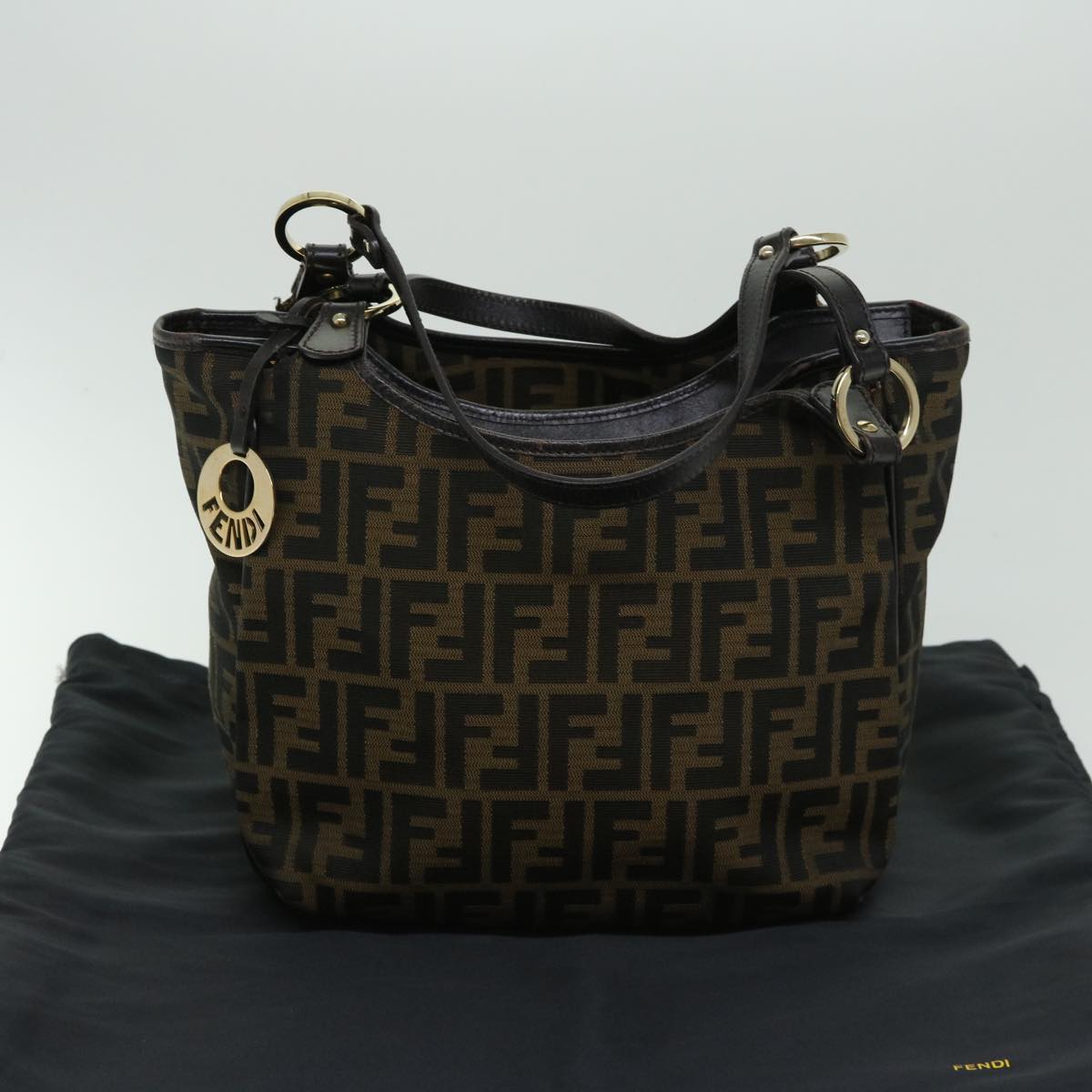 FENDI Zucca Canvas Shoulder Bag Black Brown Auth fm3246