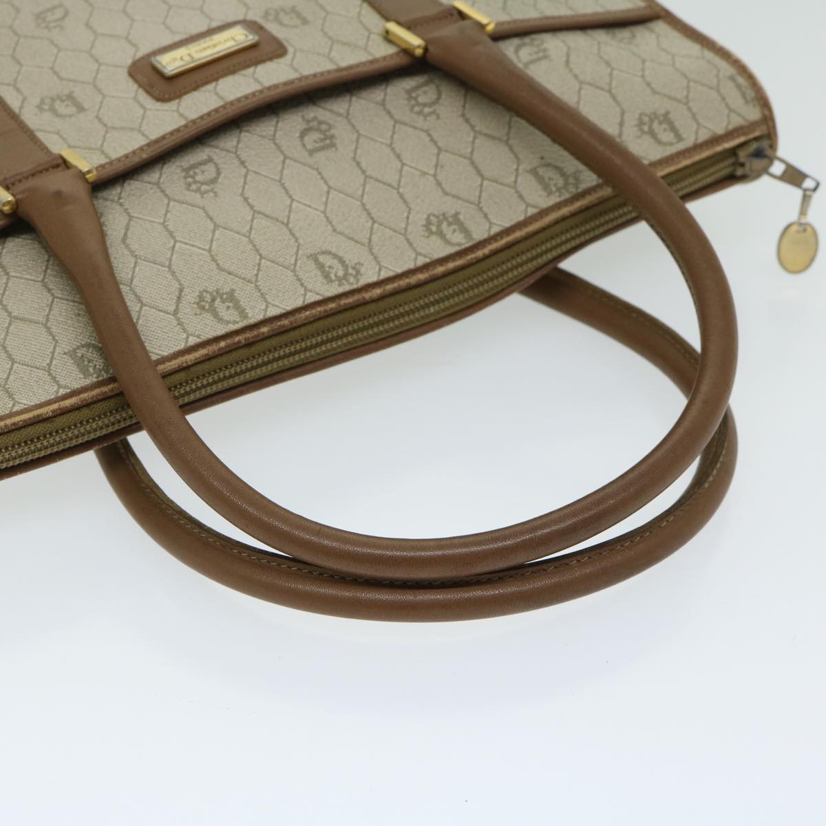 Christian Dior Honeycomb Canvas Hand Bag PVC Leather Beige Auth fm3259