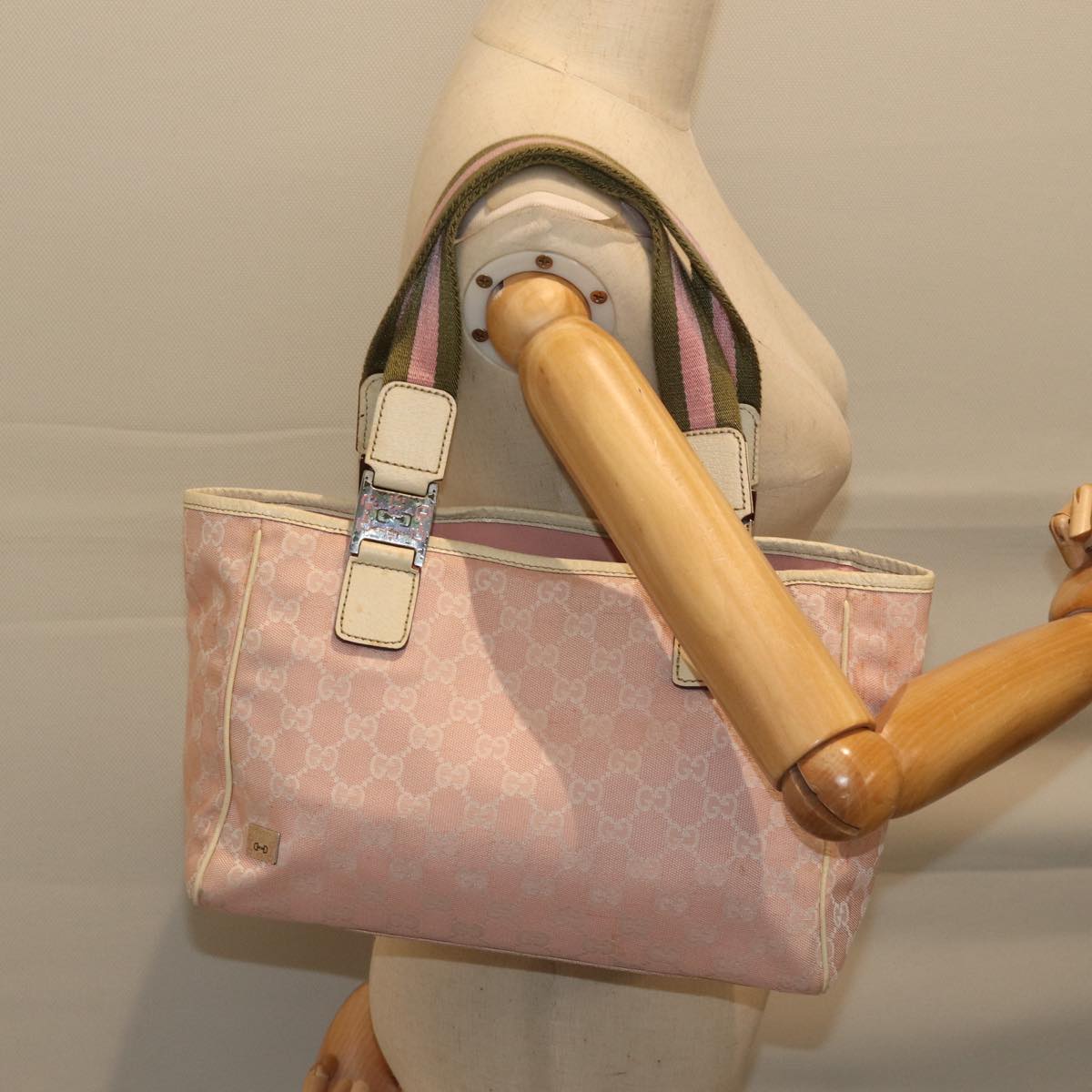 GUCCI GG Canvas Sherry Line Hand Bag Khaki Pink 145810 Auth fm3332