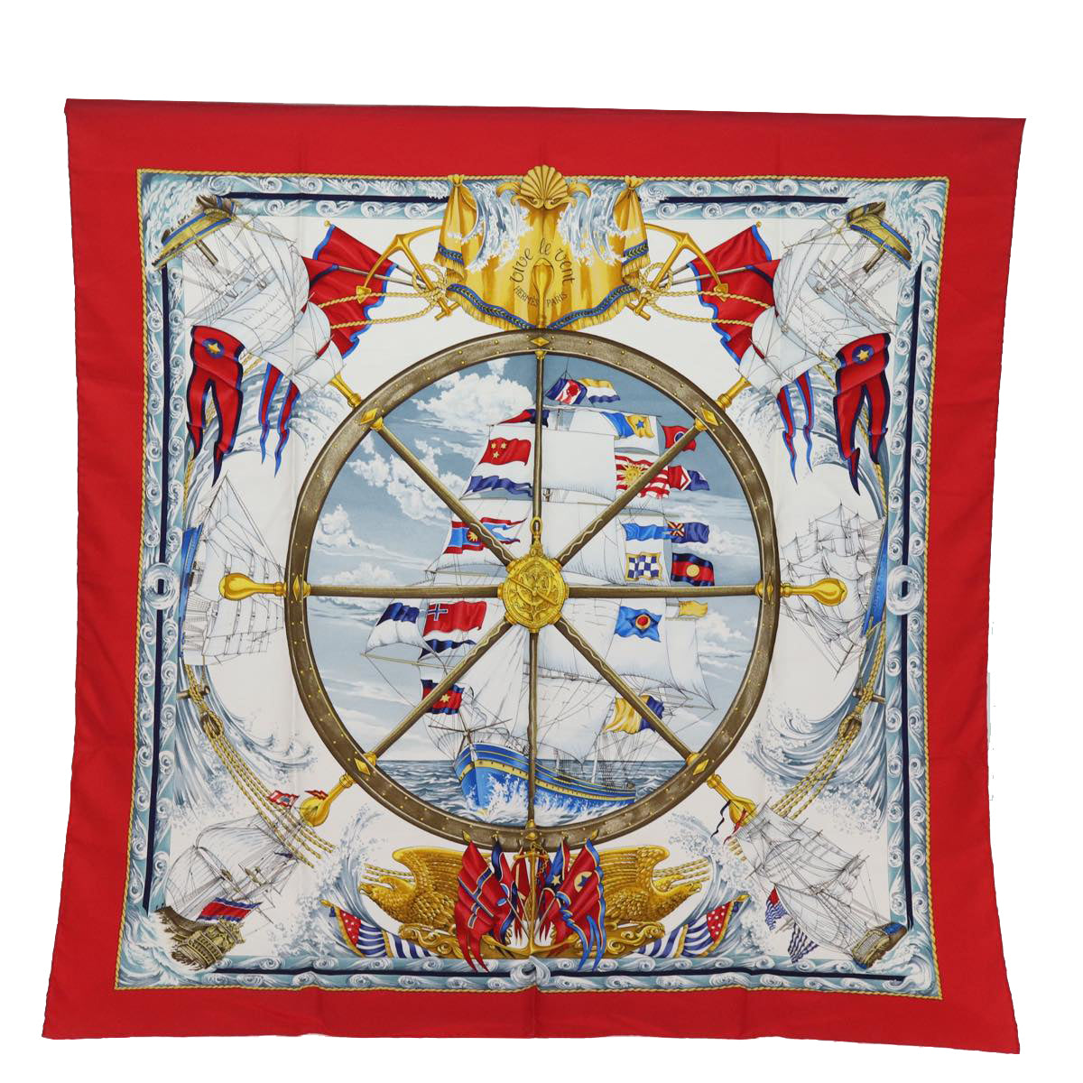 HERMES Carre 90 Scarf ""VIVE LE VENT"" Silk Red Auth fm3436