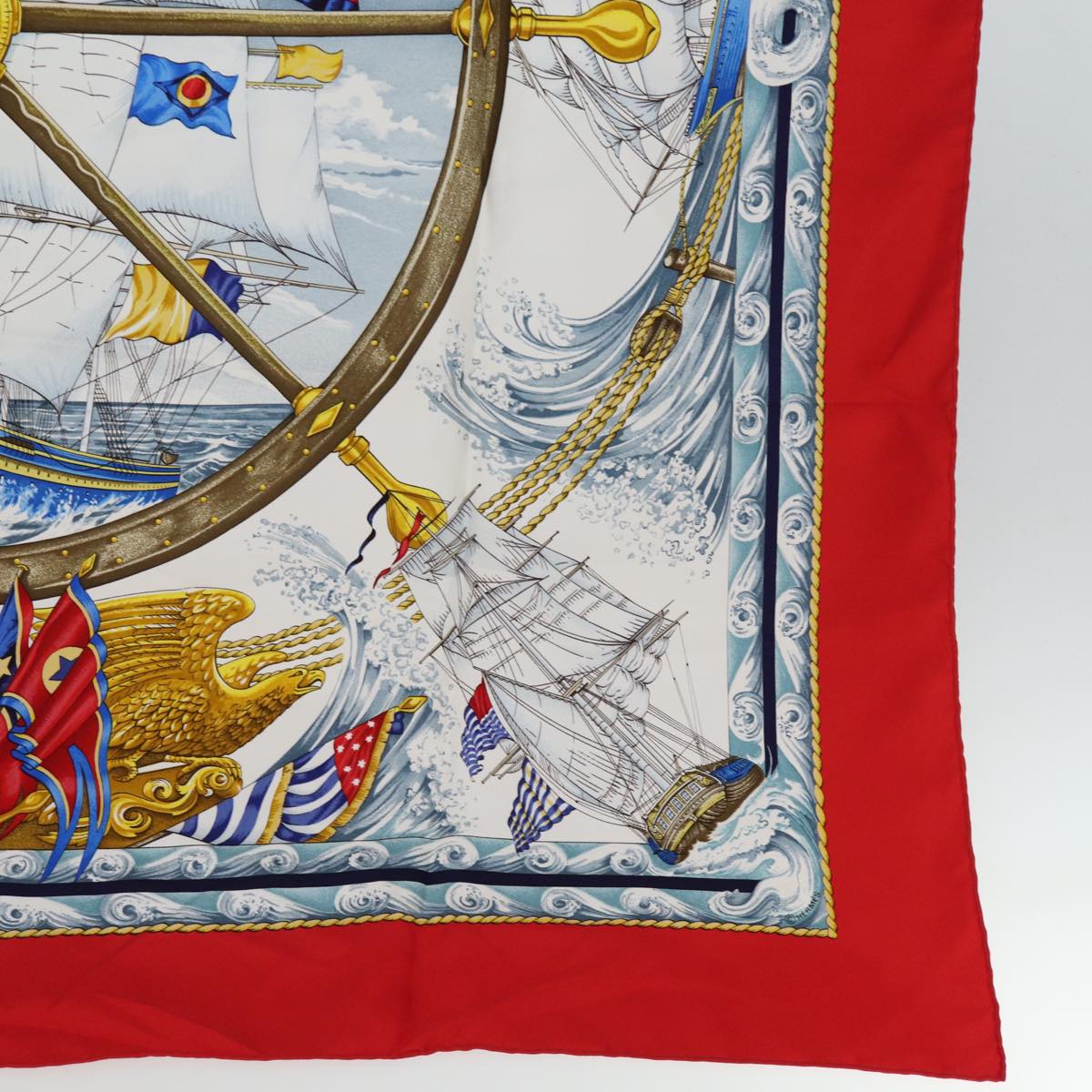 HERMES Carre 90 Scarf ""VIVE LE VENT"" Silk Red Auth fm3436