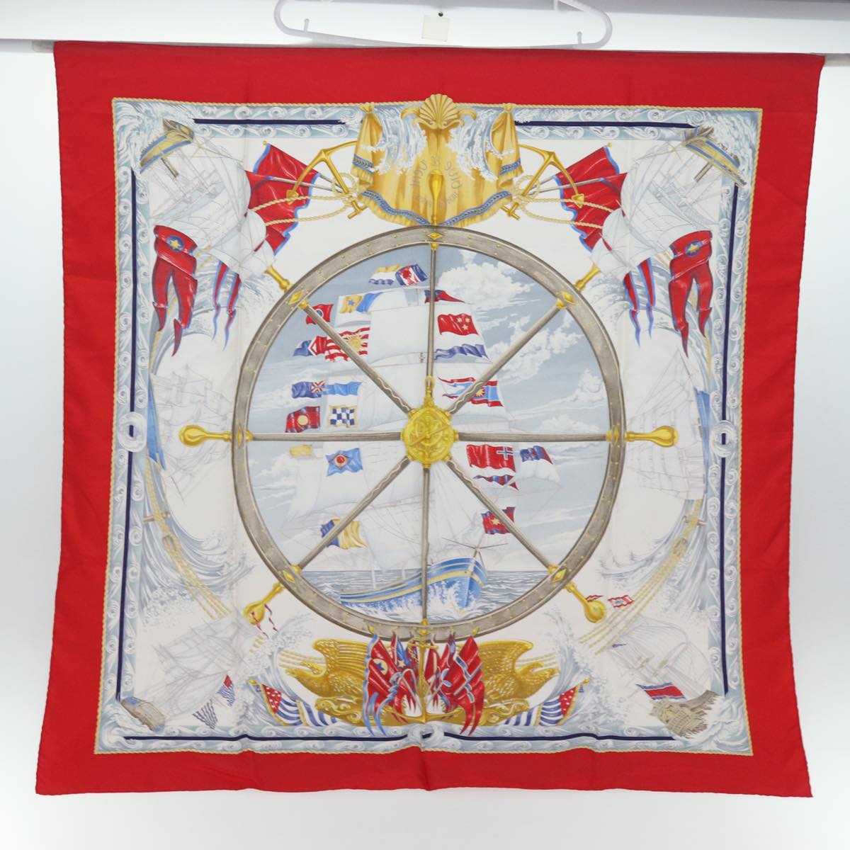 HERMES Carre 90 Scarf ""VIVE LE VENT"" Silk Red Auth fm3436