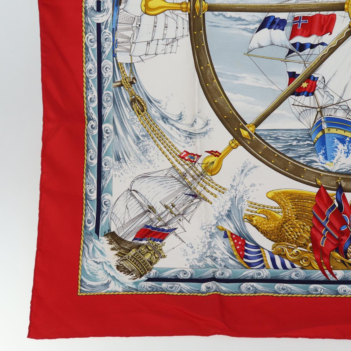 HERMES Carre 90 Scarf ""VIVE LE VENT"" Silk Red Auth fm3436