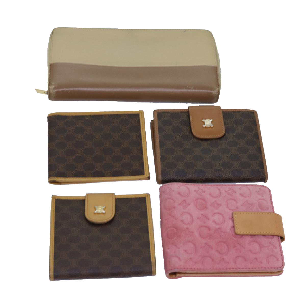 CELINE Macadam Canvas Wallet Leather 5Set Brown Pink beige Auth fm3438