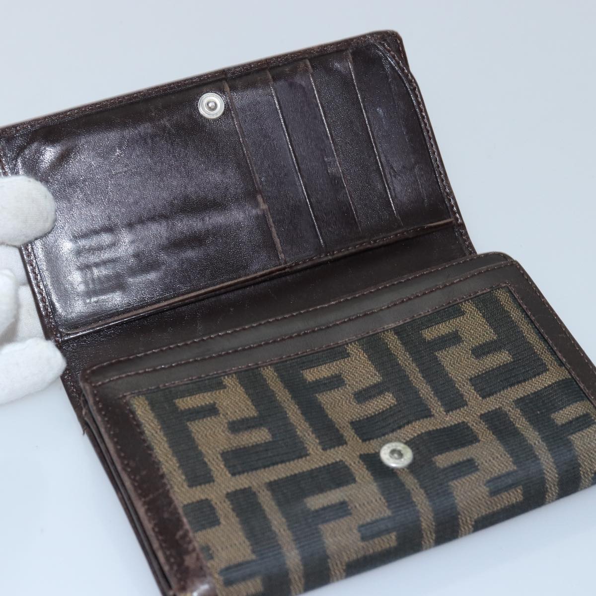 FENDI Zucca Canvas Wallet Leather 6Set Black Brown Auth fm3475