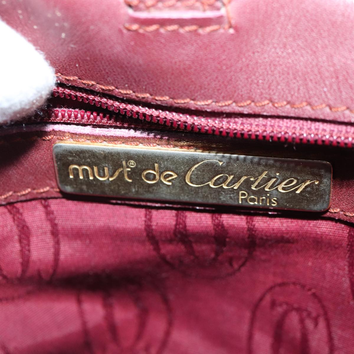 CARTIER Shoulder Bag Leather Wine Red Gold Auth fm3731