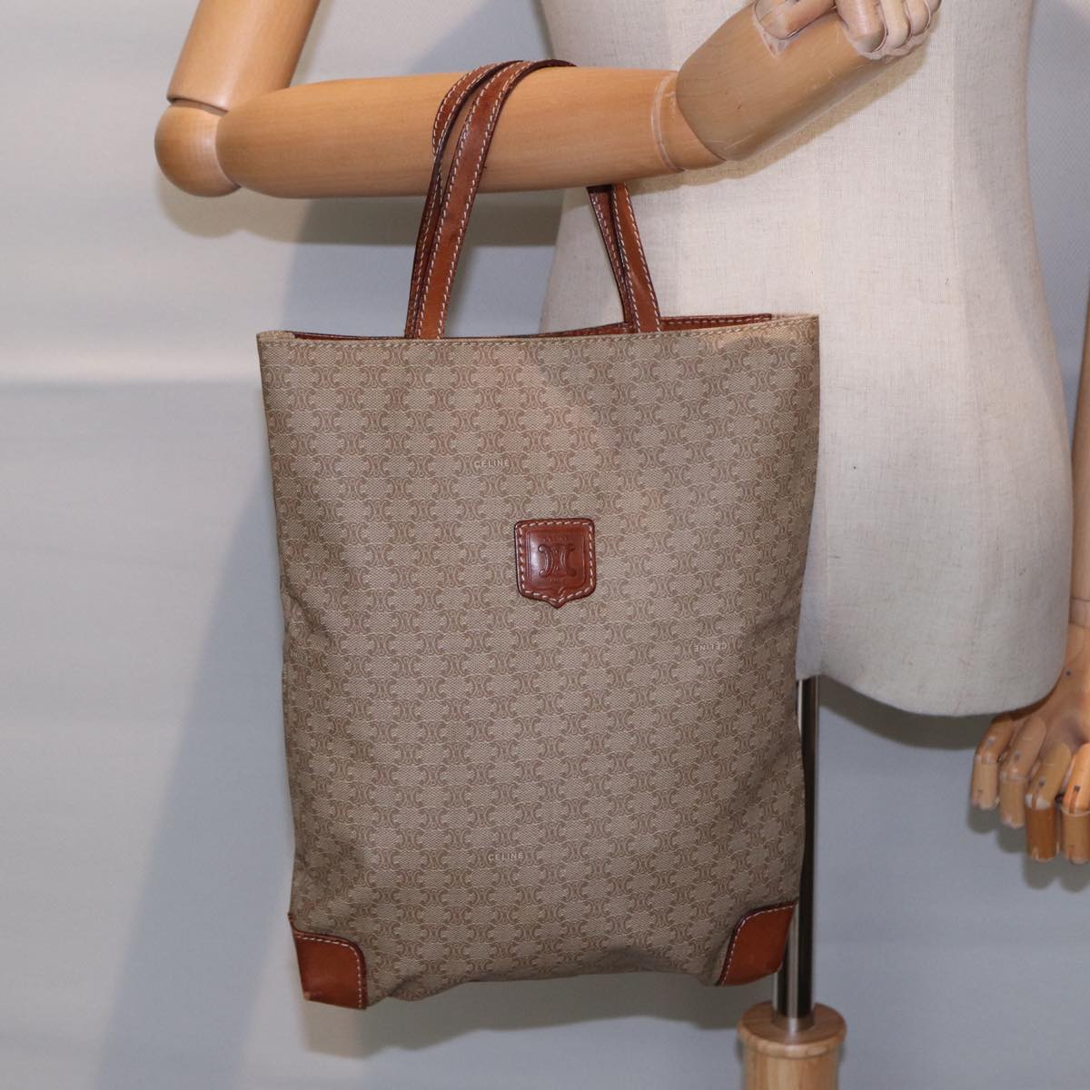 CELINE Macadam Canvas Hand Bag Beige Auth fm3782