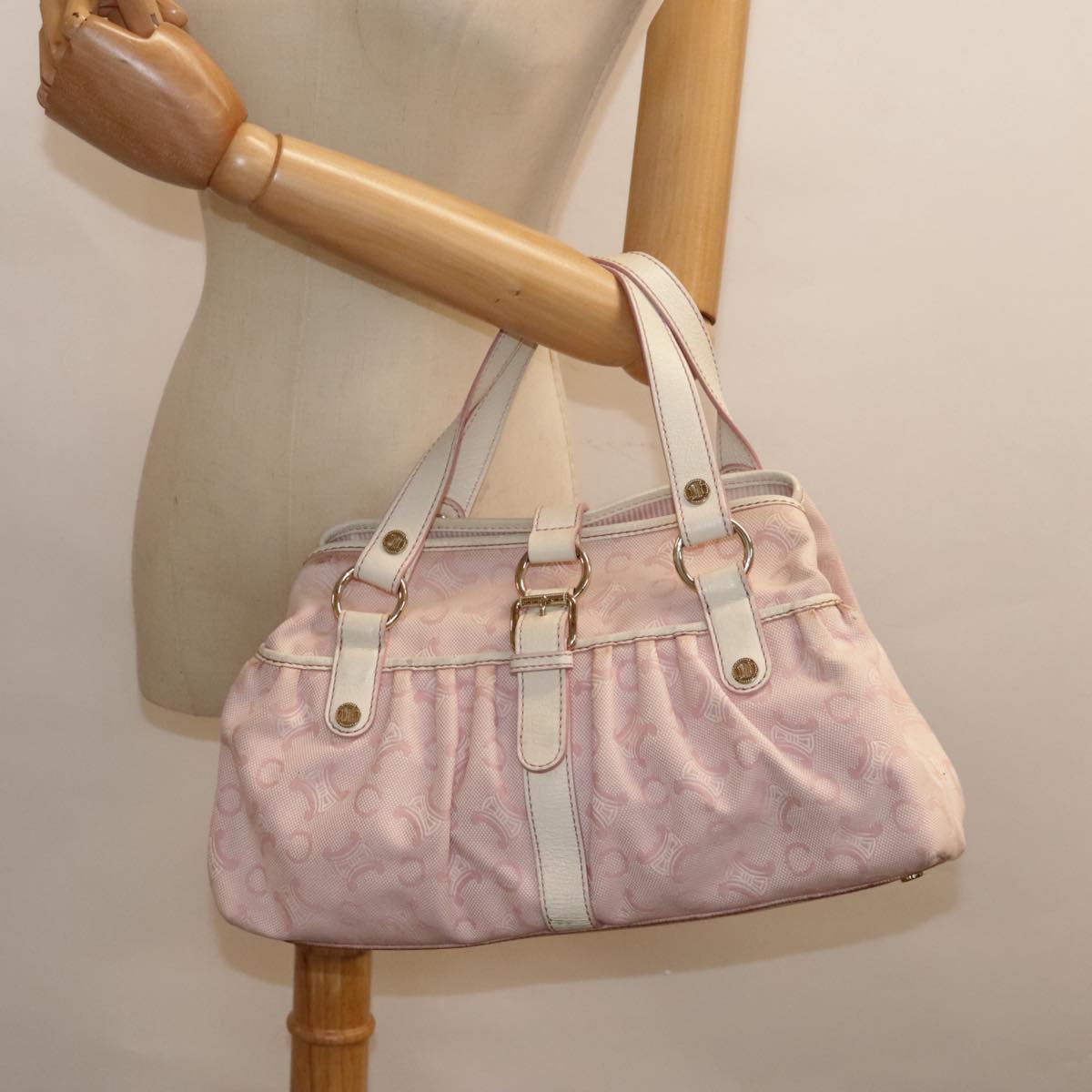 CELINE C Macadam Canvas Hand Bag Pink Gold Auth fm3873